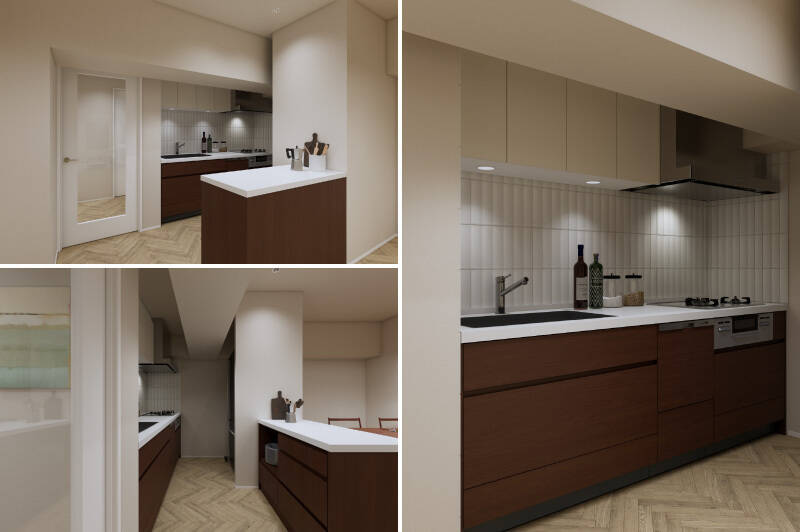 上吊り収納、食洗機付きのキッチン。ベージュのタイルが素敵です。冷蔵庫は壁の中に隠れるので、生活感がでづらいですよ。