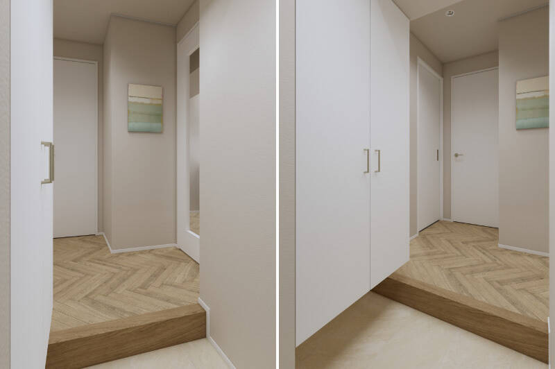 玄関まわりにはトールタイプのシューズボックスを完備。さらに、姿見などを置けそうな余白があります。