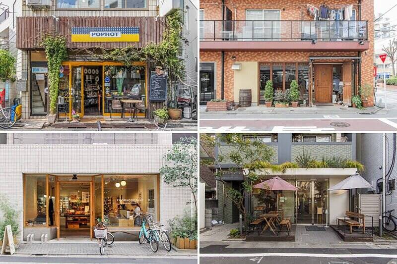 <b>左上・</b>絶品ガレットをいただけるクレープ店「POPHOT（ポポット）」。カフェやレストランがひしめく “学大エリア” の中でも人気のお店です。（徒歩10分）／<b>右上・</b>「Bistro N（ビストロエヌ）」は、気軽に入りやすいワインバル。ソムリエ資格のある男性がひとりで切り盛りしています。（徒歩11分）／<b>左下・</b>オーガニックの新鮮な食材が並ぶ「FOOD &amp; COMPANY（フードアンドカンパニー）」。時折開催されているイベントも注目。（徒歩12分）／<b>右下・</b>カフェスペースを併設したベーカリー「トラスパレンテ 学芸大学」。朝9時から営業しており、店内でモーニングを楽しめます。（徒歩13分）