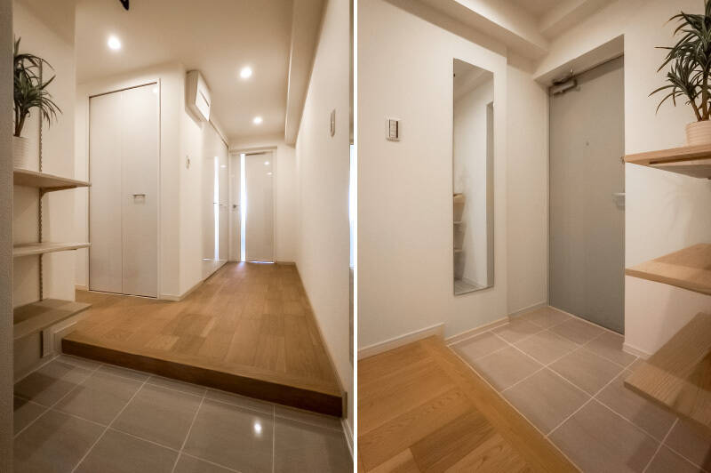 玄関扉を開けると、ゆとりある空間がお出迎え。高さを自由に調整できるオープン棚が設置されており、お気に入りのシューズやグリーンなどをディスプレイして自分らしさを演出できます。