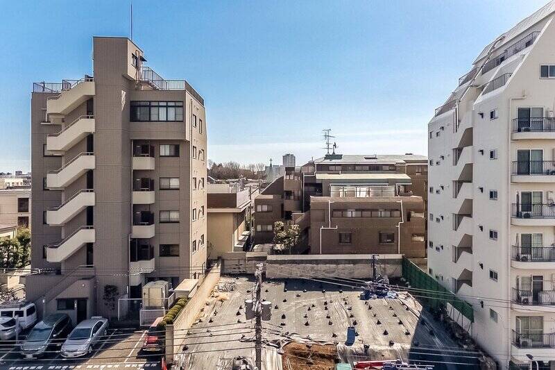 不忍通りが通っており、正面のマンションとは少し距離があります。こちら側のバルコニーもたっぷりと陽を感じられそうですね！ 正面が空き地のため、将来的に眺望が変わる可能性があるのは事前にご認識いただきたいポイントです。