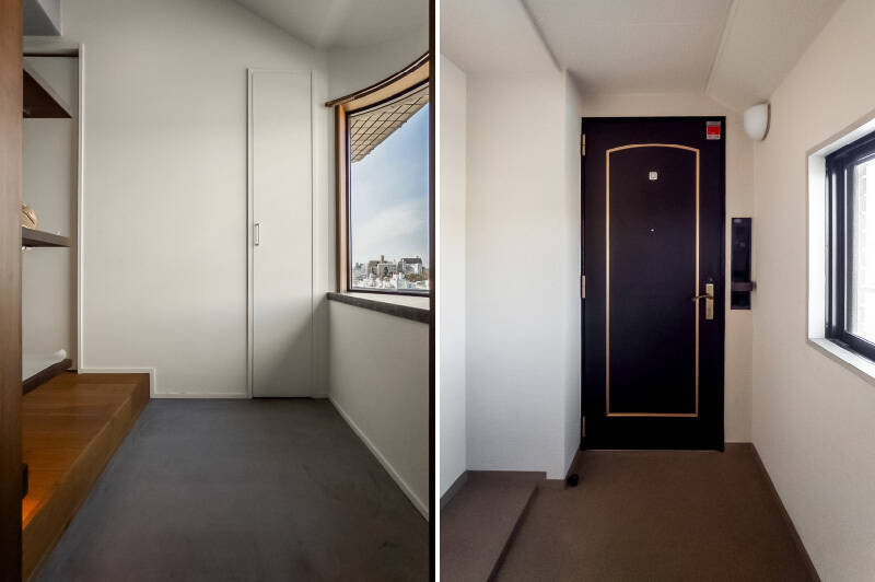 北西向きの固定窓があり、少し暗くなりがちな玄関も明るい印象に。正面には、小さな物置が備わっています。外で使うものはこちらに収納しておくのが良さそうですね。