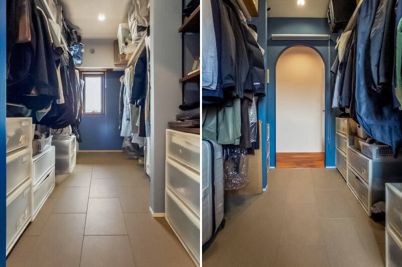 廊下にあるかわいらしいアーチ状の入り口の先には、ウォークインクローゼット（WIC）が。衣類をたっぷり収納できるよう、広めに設計されています。入り口上部にはロールスクリーンが付いているので、生活感を抑えることも可能です◎