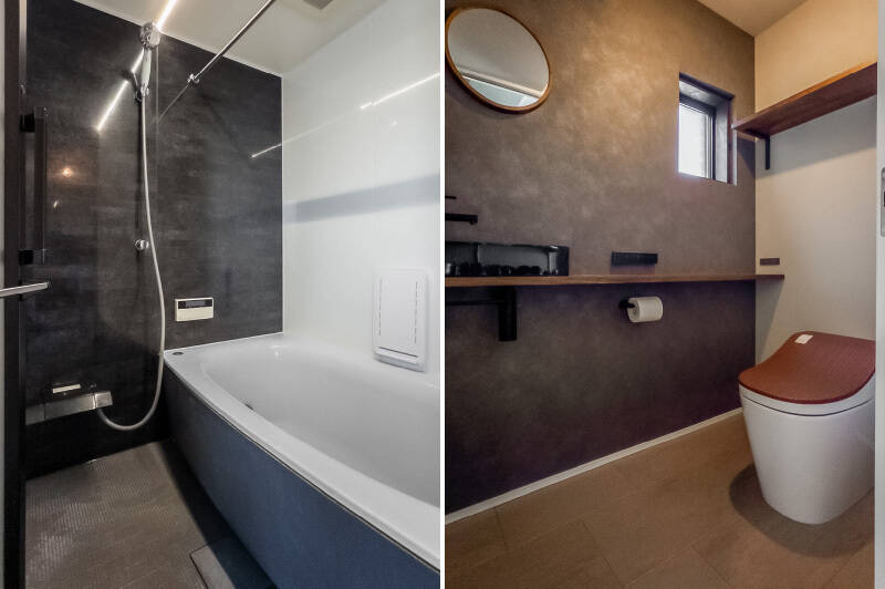 <b>左・</b>1416サイズのユニットバス。／<b>右・</b>落ち着いた雰囲気のトイレ。手洗い器付きです。