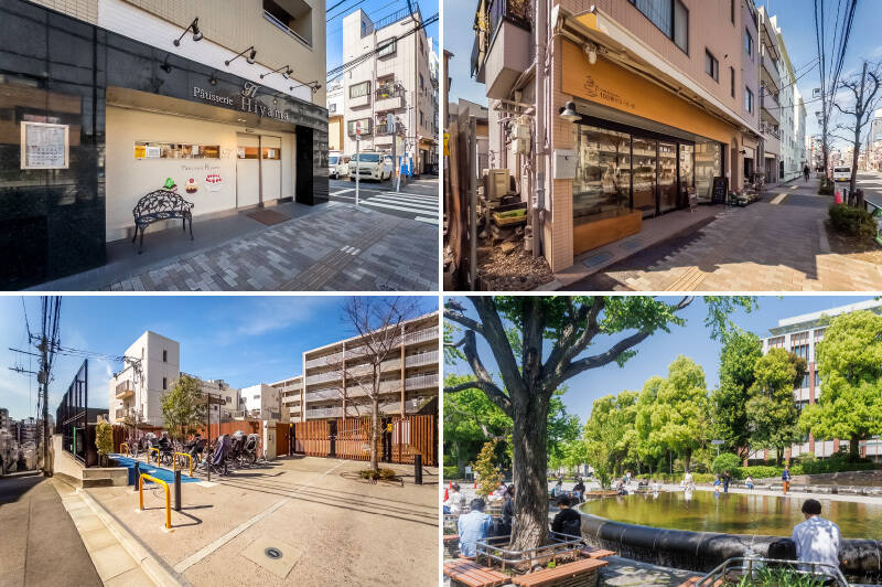 <b>左上・</b>ケーキ、焼き菓子を中心とした洋菓子専門店「Patisserie Hiyama（パティスリーヒヤマ）」。中でも「文京シリーズ」のクリームサンドやサブレは、お土産におすすめ。（徒歩4分）／<b>右上・</b>自家焙煎のコーヒー豆やスペシャリティコーヒーを楽しめる「Café &amp; Roaster 100色のコーヒー豆」。（徒歩4分）／<b>左下・</b>マンションの目の前には「文京区立千石西児童館」が。平日は午後6時、土曜日は午後5時まで開館していますよ。（徒歩1分）／<b>右下・</b>「筑波大学」・「放送大学」の敷地隣にある「教育の森公園」。緑豊かで、歩くだけで森林浴気分を味わえます。（徒歩8分）