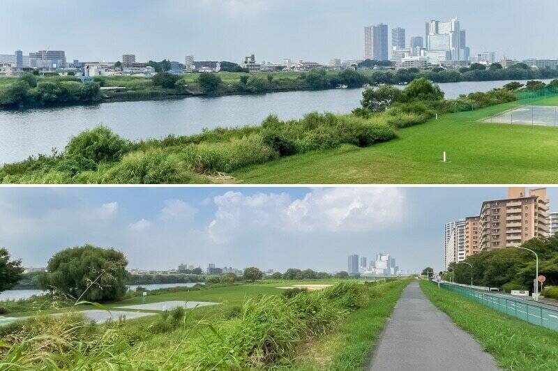 今回ご紹介するマンションは、多摩川の河川敷が目の前という気持ちのいい立地。下の写真の右側に、立派な外観が見えています。