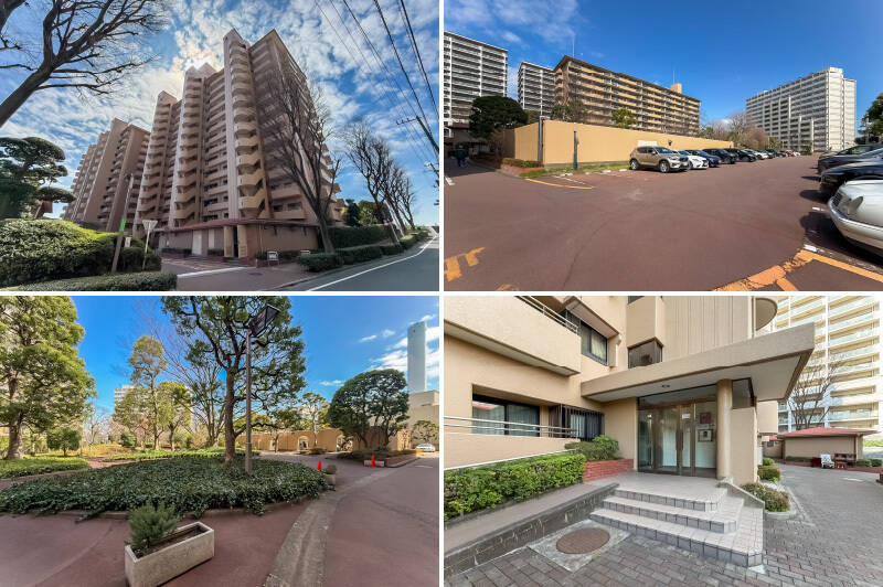 <b>左上・</b>広大な敷地内に3棟が並び、総戸数は272戸。1982年築ながら長期修繕計画に基づき適切にメンテナンスされています。／<b>右上・</b>敷地内の駐車場は2026年2月時点で17台空きがあり、月額22,000円で使用できます。／<b>左下・</b>敷地内には緑溢れる庭園が。ちょっと散歩するだけでリラックスできそうですね。／<b>右下・</b>棟のエントランスにはオートロックと集合ポストを完備。共用ロビーはなく、そのままエレベーターに乗り込む構造です。