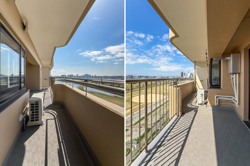 お隣の洋室A前まで続くワイドスパンのバルコニー。ご家族分のお洗濯物に加え、お布団まで干せそうなほど広々としています。