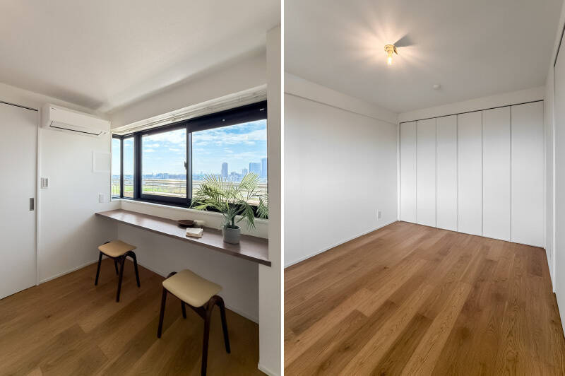 <b>左・</b>コーナーサッシに面したカウンタースペース。めちゃくちゃ特等席ですね…（うっとり）。／<b>右・</b>3枚の折れ戸を開けると、左側が通常のクローゼット、右側がL字にハンガーパイプと枕棚が備わったWICになっています。