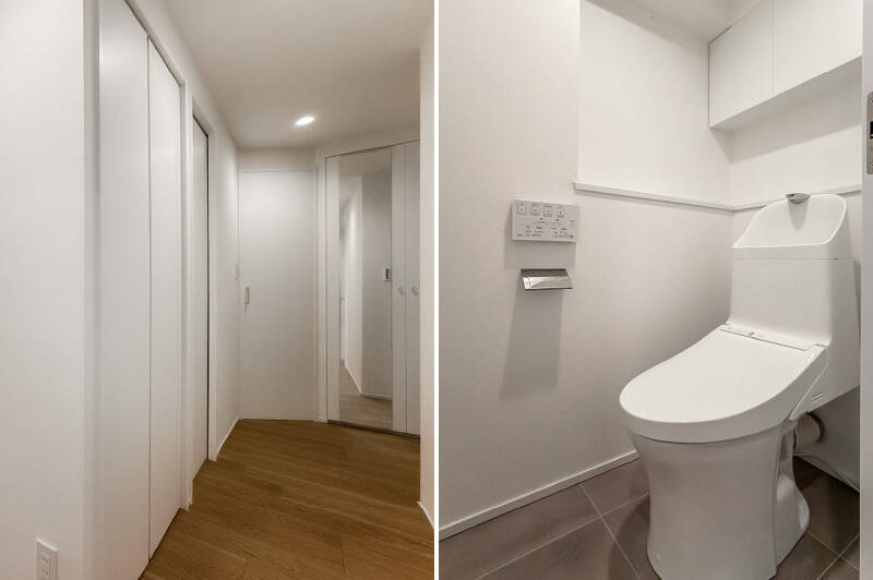 <b>左・</b>廊下沿いに洗濯機置き場（手前の折れ戸内）とトイレが並んでいます。／<b>右・</b>トイレはカウンターと収納付き。