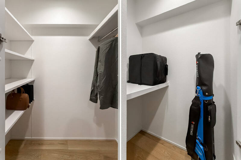 <b>左・</b>廊下沿いのワークスペース奥にあるWIC。衣替えに使うといいかもしれません。／<b>右・</b>玄関にあるWIC。こちらはトランクやゴルフバッグ、アウトドア用品を置くのに適していそうです。