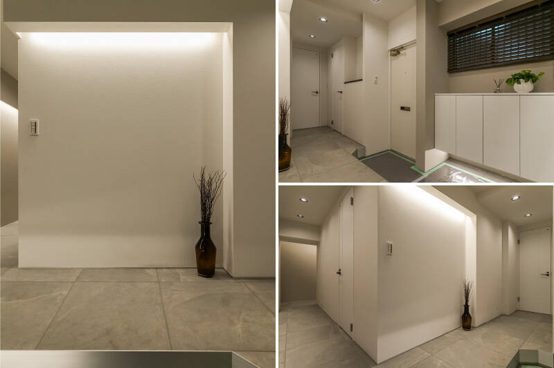 <b>左・</b>間接照明が印象的な玄関ホール。正面の壁にはぜひお気に入りのアートを。/<b>右上・</b>フロートタイプの靴収納を設置。奥には後ほどご紹介する、トイレとシューズインクローゼット(SIC)があります。/<b>右下・</b>コの字型の廊下をぐるりと回りLDKへ。