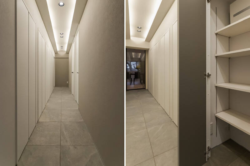 各居室をつなぐ廊下には、一面に収納がズラリと並びます。収納家具を最小限に抑えることができそうですね。