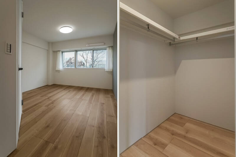 <b>左・</b>窓は街路樹を望む南東向き。/<b>右・</b>二面に枕棚とハンガーパイプを配した大容量のWIC。