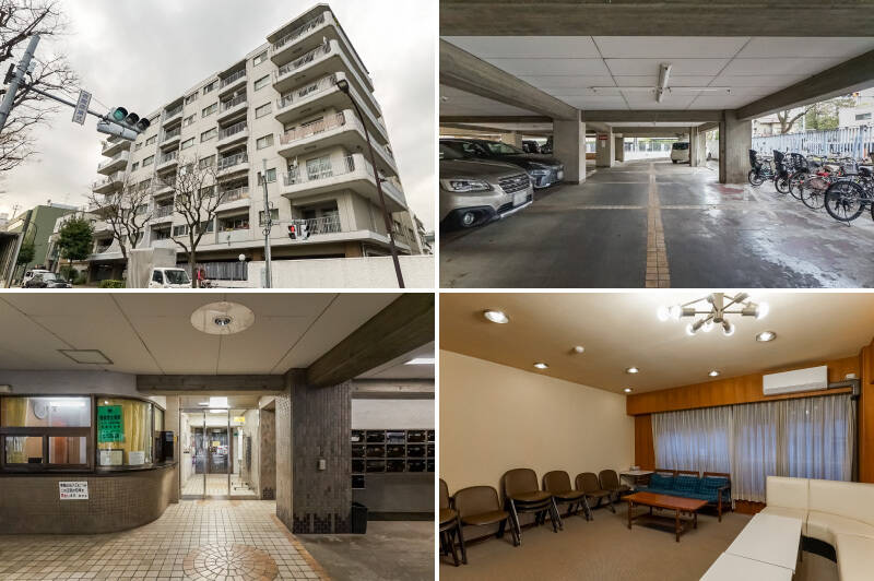 1971年竣工、総戸数34戸。どこか懐かしく、落ち着いた空気感を纏うマンションです。1階部分には駐車場と駐輪場、エントランス扉前に管理人室があります。時代の雰囲気を感じさせる応接間も。