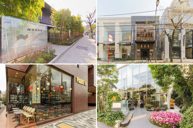 <b>左上・</b>日本やアジアの美術品が多く所蔵されている「根津美術館」。(徒歩2分)/<b>右上・</b>思い立ったらフラッと音楽を愉しみに老舗のジャズクラブ「ブルーノート東京」へ。(徒歩4分)/<b>左下・</b>1969年に開店したフレンチレストラン「FiGARO(フィガロ)」。気軽にカフェ利用もできますよ。(徒歩3分)/<b>右下・</b>フラワーショップとカフェ「ニコライ バーグマン フラワーズ & デザイン フラッグシップストア」。(徒歩9分)