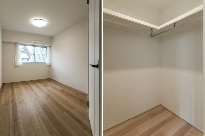 <b>左・</b>窓は南東向き。/<b>右・</b>洋室BよりもややコンパクトなWIC。