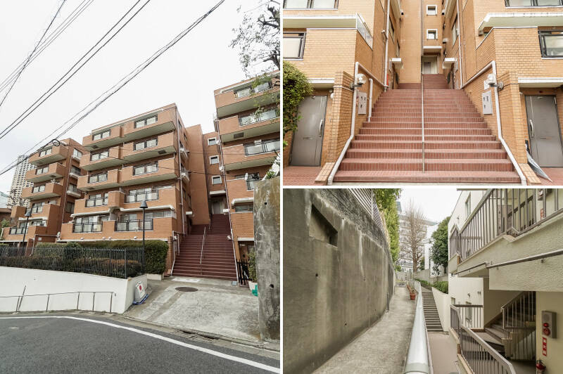 <b>左・</b>1979年竣工・総戸数23戸。傾斜地に建つマンションです。／<b>右上・</b>存在感のある階段は3階まで続いており、この正面入口から4階へ行くには、そこからエレベーターでひとつ上へ上がります。実は裏手からのアプローチもあり……／<b>右下・</b>4階からアクセスできるこのスロープを進むとサブエントランス。その先はレストラン「Q.E.D. CLUB（キュー・イー・ディー クラブ）」の横に出られるため、マンション正面の階段を避けて往来ができます。