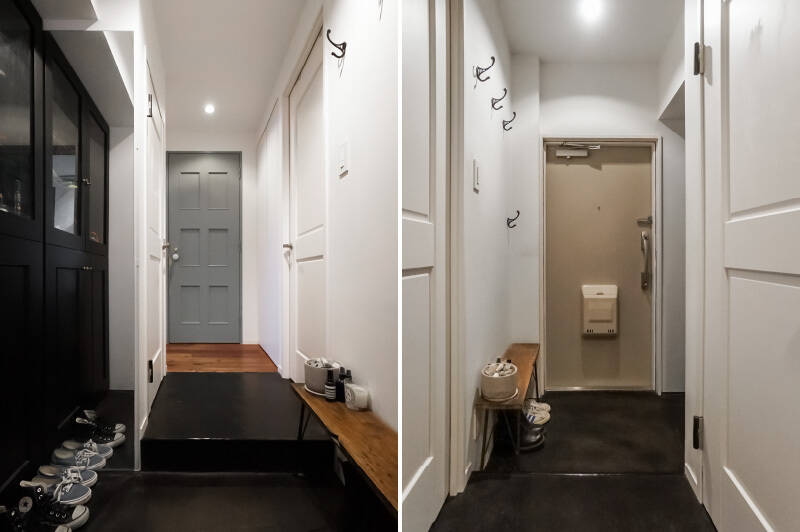 玄関扉を開けると、こだわりを感じる空間。墨入りのモルタルで黒に統一された玄関土間や上がり框、窓付きの備え付けのシューズボックスなど、細部まで丁寧にデザインされています。