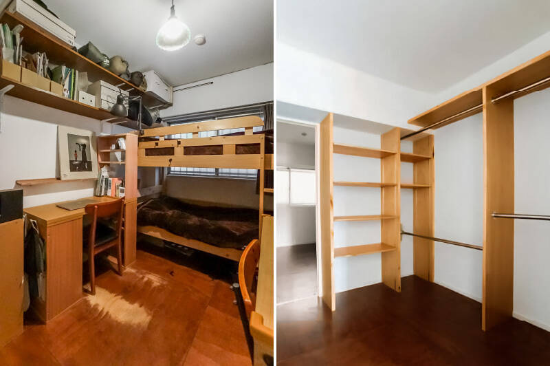 <p><b>左・</b>洋室の広さは約4.1帖。室内の引き戸を開けると……／<b>右・</b>約3.4帖のウォークスルークローゼット（WTC）があり、そのままLDへと抜けられる動線。WTC内は想像以上の広さで、大きな物から細々した物までしっかり収納できそうです。（2011年撮影）</p>