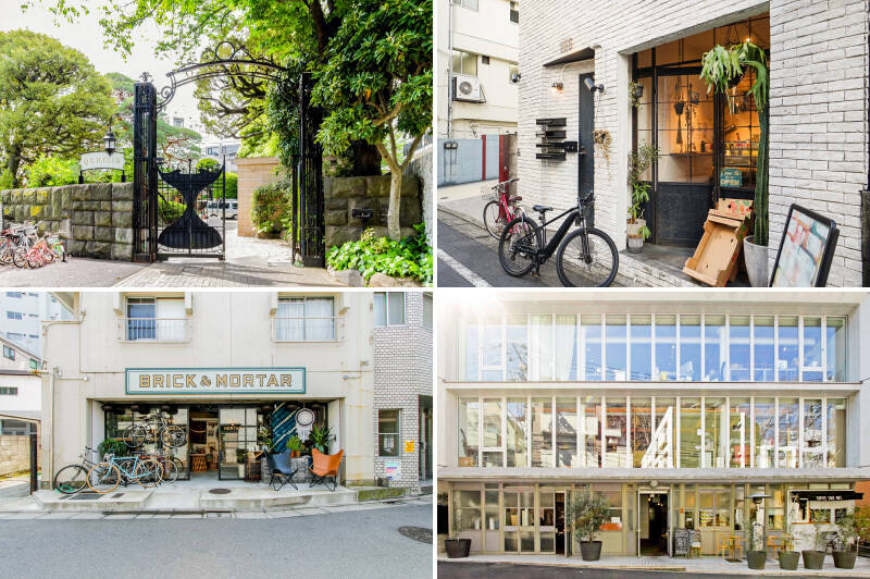 <b>左上・</b>マンションの裏側にあるレストラン「Q.E.D. CLUB」。庭園を眺めながらフレンチや鉄板焼きを味わえます。もとはハンガリー大使公邸だったことから、マンション周辺が落ち着いたエリアであることがお分かりいただけるかと思います。（徒歩1分）／<b>右上・</b>なんとなく身体が重たいときは、コールドプレスジュース店「YES TOKYO（イエス トウキョウ）」でリフレッシュ！ デリバリーにも対応しています。（徒歩7分）／<b>左下・</b>「BRICK &amp; MORTAR（ブリックアンドモルタル）」はオーナー自ら世界中を飛び回り、独自の視点で選び出した生活に関わる商品を扱うセレクトショップ。（徒歩5分）／<b>右下・</b>アパレルのほかカフェ、コーヒースタンドもある「1LDK apartments（ワンエルディーケー アパートメンツ）」。おしゃれ好きのハートをぎゅっと掴むセレクトが話題！（徒歩7分）