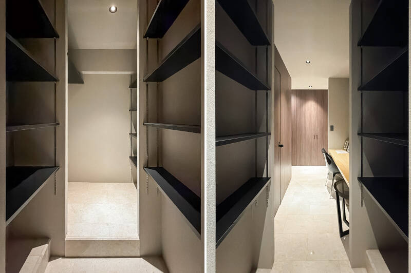 <b>左・</b>デスクスペース横のスペースは奥に深く、洋服から小物類まで、何でもしまえそうです。突き当たり左手は洗濯機置き場です。／<b>右・</b>デスクスペース側正面には開戸タイプのクローゼットが。