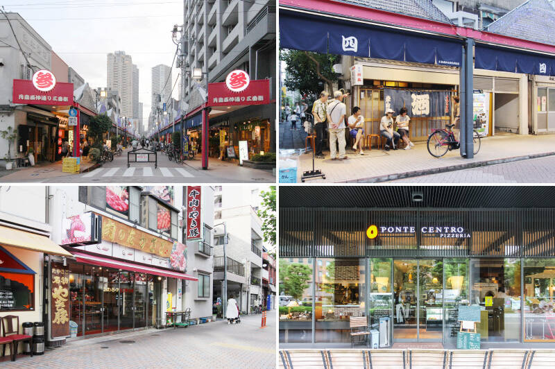 <b>左上・</b>活気あふれる通称 “もんじゃストリート”（月島西仲通り商店街）。（徒歩4分）／<b>右上・</b>その通り沿いで筆者イチオシなのが大衆酒場「岸田屋」。味わいのあるコの字カウンターで美味しい酒とつまみに舌鼓を打ってください。（徒歩10分）／<b>左下・</b>ご自宅での晩酌にオススメしたいのが「肉のたかさご」のやき豚。（徒歩3分）／<b>右下・</b>「PIZZERIA PONTE CENTRO（ポンテチェントロ）佃店」など洗練されたレストランもありますよ。（徒歩5分）