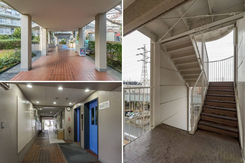 <b>左上・</b>各棟を結ぶ屋根付きの渡り廊下。／<b>左下・</b>エレベーターや玄関扉といったポイントはしっかり更新されていて、古さを感じさせません。／<b>右・</b>1点ご注意を！ ご紹介の住戸はマンション最上階（7階）にありますが、エレベーターが停まるのは6階までなので、1フロア分だけ階段を使うことになります。
