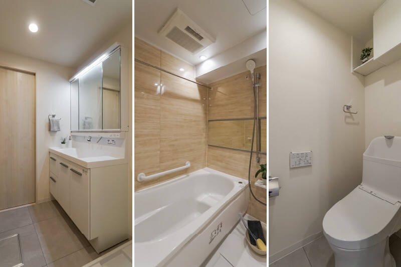 ランドリースペースを兼ねた洗面脱衣室があり、そこを経由してトイレにアクセスする間取りです。手洗いが徹底されていいカモ？ バスルームは大きめの1416サイズなので、お子さまと一緒のバスタイムも快適に過ごせそう。