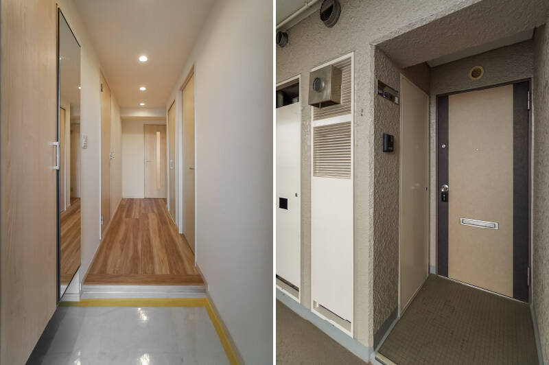 <b>左・</b>玄関からLDK方向を見たカット。シューズボックスのほか、廊下にワイドな物入れも備わっていますよ。／<b>右・</b>こちらが住戸の玄関扉。このフロアにはお隣の住戸とご紹介した住戸の2戸しかないため、玄関前のプライベート感は高めです。