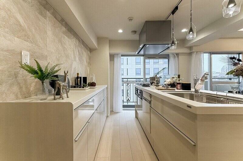 3口コンロと食洗機付き。本体とお揃いの面材のカウンターも備わっており、キッチン家電を並べることができますよ。