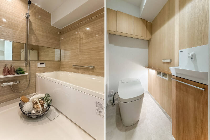 <b>左・</b>1418サイズのゆったりしたユニットバス。浴室乾燥機付きです。／<b>右・</b>廊下からアクセスする手洗い器付きのトイレ。