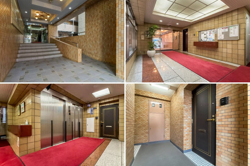 <b>左上・</b>こちらがエントランスへのアプローチ。スロープもあります。／<b>右上・</b>エントランスホールには管理人室があり、日中は管理人の方が常駐されています。／<b>左下・</b>エレベーターが2機あるのは安心。／<b>右下・</b>エレベーターで12階へ。