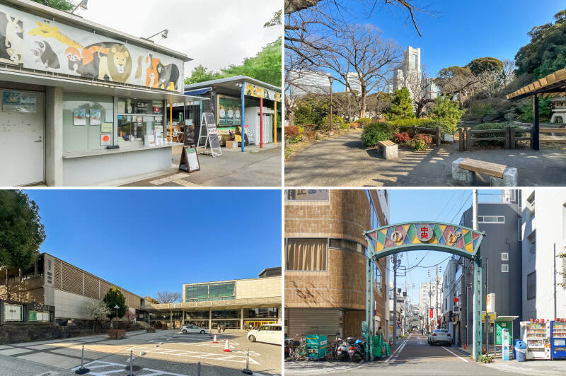 <b>左上・</b>無料で開放されている「野毛山動物園」。あなどるなかれ、園内にはキリンやチンパンジーもいるんです。（徒歩6分）／<b>右上・</b>「掃部山公園」は、ゆったりとした時間が流れる癒しスポット。隠れた桜の名所でもあるので、春にはぜひ足を運びたい。（徒歩7分）／<b>左下・</b>「神奈川県立図書館」までは徒歩5分。新しく誕生した本館は2022年に開館したばかりで、リラックスしながら読書を楽しめます。／<b>右下・</b>のんべえさんたちのパラダイス「野毛中央通り」にも徒歩12分の距離。うん、酔い覚ましにちょうどいい距離ですね！