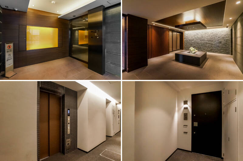 <b>左上・</b>さっそくマンション内へ。オートロックの先に進むと……／<b>右上・</b>ゆとりのあるホールが広がっています。間接照明でシックに演出された空間が美しい……。左奥の自動ドアより先へ進みます。／<b>左下・</b>エレベーターで今回の目的地の2階へ。／<b>右下・</b>玄関前に到着。内廊下なので、雨風が強い日は特にうれしいですね。