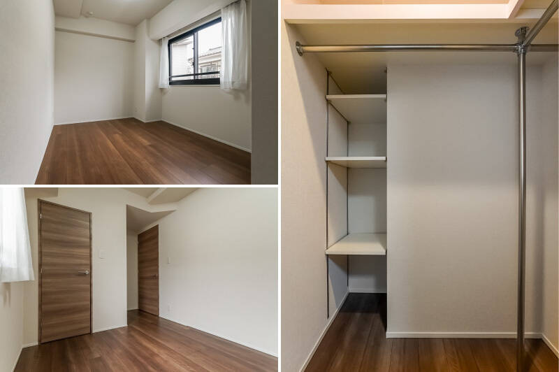 洋室Aは約6帖。WICが完備されています。ハンガーパイプ・枕棚・可動棚が備わっているので、収納物によってフレキシブルに活用できそうですね。