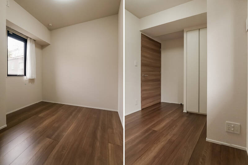 続いて洋室B。こちらは約4.5帖の広さです。コンパクトですが、可動棚・ハンガーパイプ付きの収納が備わっています。