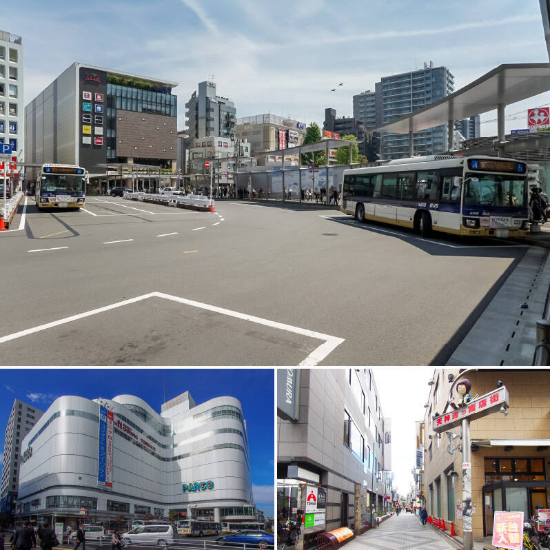 <p><b>上・</b>最寄りは、京王線の<b>特急停車駅</b>「調布」（徒歩6分）。「新宿」駅へは特急でわずか4駅・約22分と、都心へのアクセスも良好◎ さらに、京王相模原線との分岐点となるターミナル駅でもあります。／<b>左下・</b>駅前のロータリーに面している「調布PARCO」はホテルを併設しています。最寄り駅に「PARCO」があるのは街のにぎわいや駅の力強さを感じます。（徒歩7分）／<b>右下・</b>駅北口から布田天神につながる「天神通り商店街」には、あちらこちらに鬼太郎の仲間たちがいますよ。水木しげるさんが調布在住だったのは有名ですね。（徒歩5分）</p>