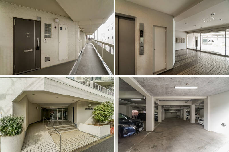 <b>左上・</b>住戸の玄関扉前。扉はひと部屋ずつ奥まった位置にあり、共用廊下も圧迫感のないつくりです。玄関ドアは2011年に交換済み。／<b>右上・</b>エレベーター横に郵便ポスト。写真では見切れていますが、右側に管理事務所があります。／<b>左下・</b>エントランスは甲州街道から路地に入ったところに位置。スロープも備わっているので、ベビーカーやスーツケースを使う際も安心です。／<b>右下・</b>マンション1階には平置きの駐車場があり、その奥に自転車置き場があります。