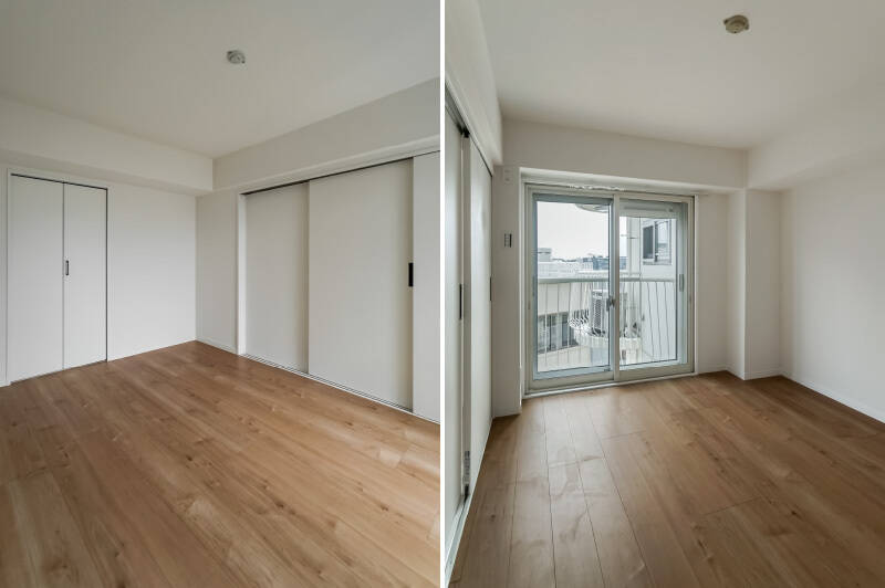 <p><b>左・</b>折れ戸1枚分の収納が備わっています。／<b>右・</b>バルコニーからは、隣戸の室外機スペースが視界に入ります。日常的に利用される場所ではなさそうなので、視線が合う場面はあまり多くないでしょう。</p>