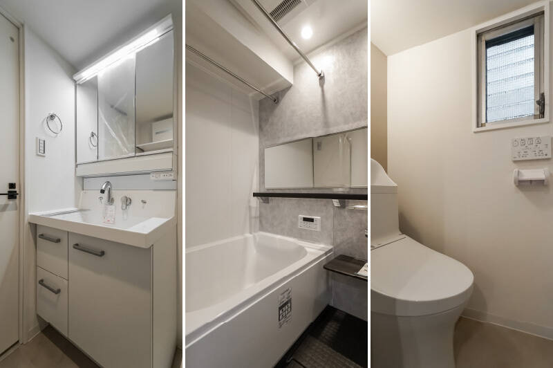 <b>左・</b>白を基調とした洗面化粧台。お掃除のしやすいシンク一体型タイプです。／<b>中央・</b>浴室乾燥機付きのバスルーム。サイズは1116とややコンパクト。／<b>右・</b>トイレには窓があり、換気もしやすそうです。