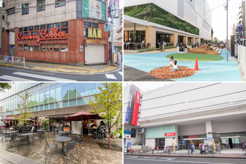 <b>左上・</b>矢沢あいさんの漫画 “NANA” で一躍有名になった「JACKSON HOLE（ジャクソンホール）」がご近所に！ 昼と夜で違った雰囲気が楽しめるお店です。あの「ジャクソンバーガー」をぜひ〜。（徒歩5分）／<b>右上・</b>「トリエ京王調布」Ｃ館にはシネコン「イオンシネマ シアタス調布」が入っています。1階に入るゆったりとしたソファ席のある「猿田彦珈琲 調布焙煎ホール」も居心地が良いですよ。（徒歩10分）／<b>左下・</b>「pizzeria napoletana CANTERA（ピッツェリア ナポレターナ カンテラ）調布店」。おしゃれな店内で、石窯で焼かれるピザが美味しいと評判です。（徒歩9分）／<b>右下・</b>普段のお買い物には、24時間営業の「西友 調布店」が便利。（徒歩7分）