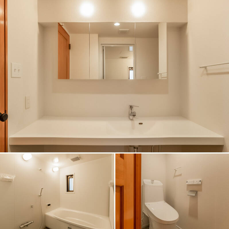 <b>上・</b>幅にゆとりがある、ミニマルでシンプルな洗面台。／<b>左・</b>ユニットバスはゆったりとした大きさの1620サイズを採用。／<b>右・</b>トイレは廊下からアクセスできます。