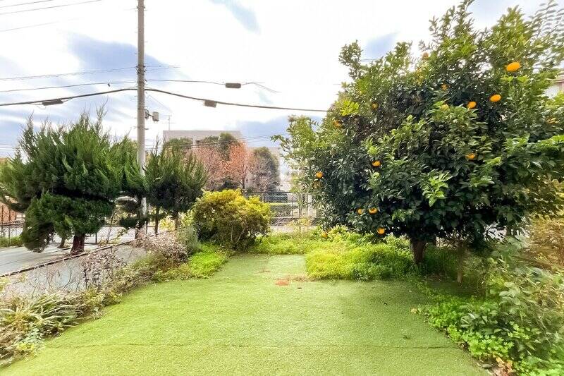 なんという青々としたお庭。右手には果実のなる樹がありますね。植栽のお陰で、隣の住戸や通りからの視線はある程度遮られています。視線の感じ方は現地でお確かめくださいね。