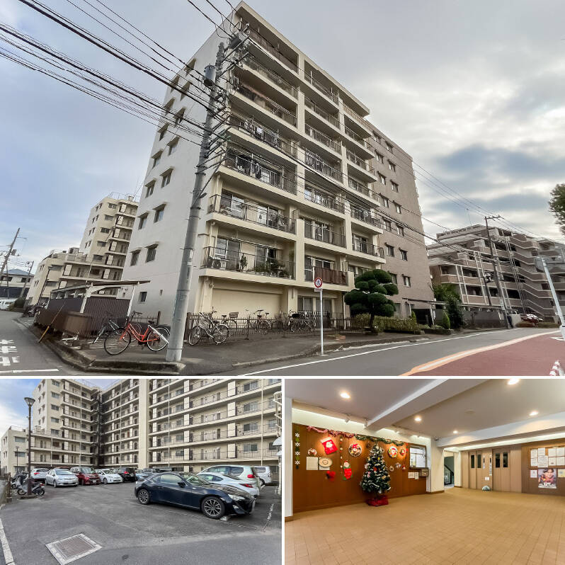 <b>上・</b>「柴崎」駅より徒歩13分の場所に位置するマンション。今回ご紹介するのはこちらの庭付き住戸です！ ／<b>左下・</b>敷地内の平置き駐車場は、長さ5050mm・幅1770mm以下の車種が駐車可能です。最新の空き状況はお問い合わせください。／<b>右下・</b>広々としたエントランスホール。今回の目的地は1階なので、エレベーターには乗らず先に進みます。