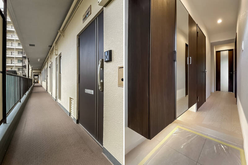 <b>左・</b>玄関前に到着。さっそくお邪魔します！／<b>右・</b>シューズクロークはトール収納で全身鏡付き。お出かけの直前に身だしなみがチェックできますね。