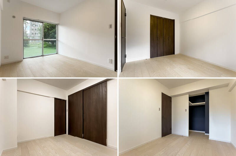 <b>上・</b>洋室Aは約5.8帖。こちらの洋室からもお庭へのアクセスが可能です。／<b>左下・</b>キッチンの横に位置する洋室Bは、約5帖。コンパクトですが、クローゼットが完備されています。／<b>右下・</b>独立性のある、約5.5帖の洋室C。ウォークインクローゼットが備わっています。