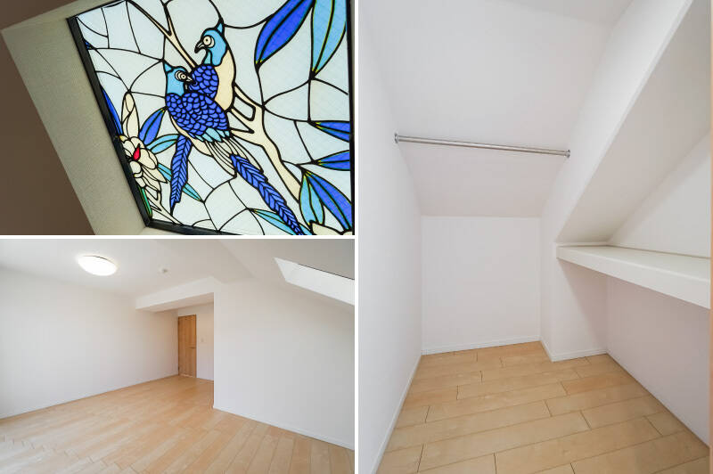<b>左上・</b>なんと、天窓には2羽の青い鳥をかたどったステンドグラスが嵌め込まれていました。シールではない本格仕様なので変更は難しそう。ぜひこの独創性を愛でてください。／<b>左下・</b>反対側からのカット。／<b>右・</b>WICは奥行きが深く、工夫次第でさらに収納効率が上がりそうです。