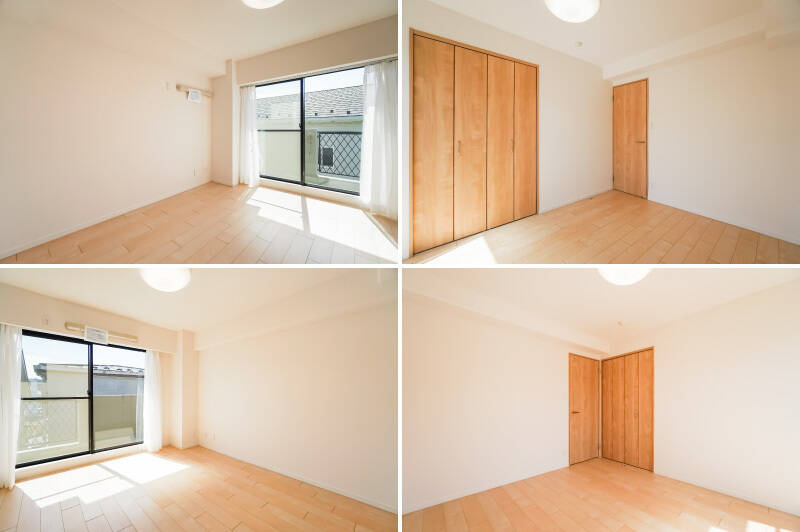 <b>上・</b>約5.5帖の洋室B。南向きの大きな窓のおかげで、実際の帖数よりもだいぶ広く感じられます。クローゼットも備わっていますよ。／<b>下・</b>お隣の洋室Cも同じ約5.5帖の広さで、洋室Bを鏡に映したような設えです。