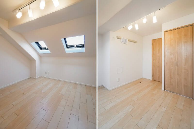 洋室Dは約5.8帖の広さですが、傾斜天井のため体感としてはもう少しコンパクトな印象カモ。天窓は北の空に向かってひらけています。